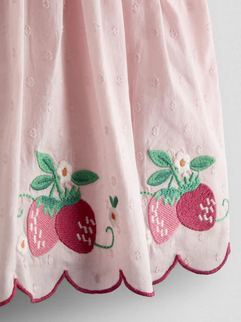 Ensemble bébé robe rose, culotte et chapeau à motif fraises