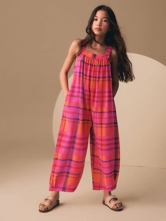Combinaison large enfant à carreaux rose et orange (3-16 ans)