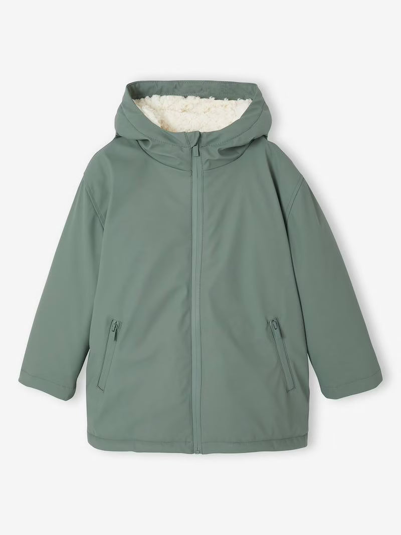 Imperméable à capuche pour garçon avec doublure sherpa - vert saule