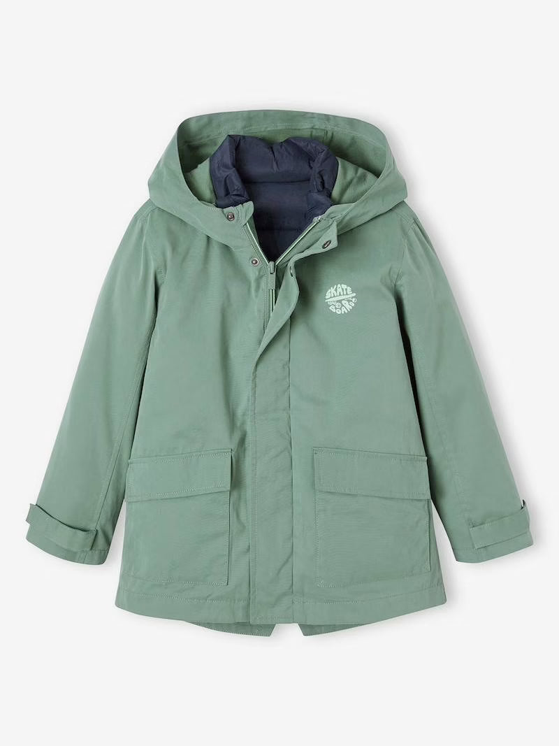 Parka 3 en 1 mi-saison avec gilet matelassé amovible pour garçon - vert saule