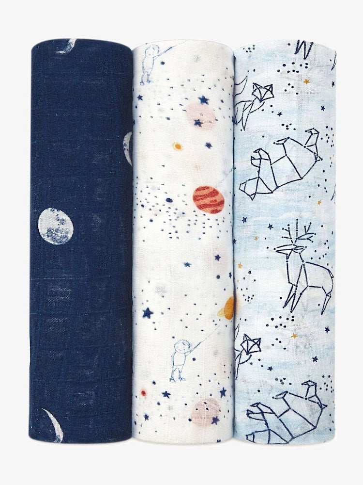 Lot de 3 couvertures d’emmaillotage bébé – motif Espace & animaux origami