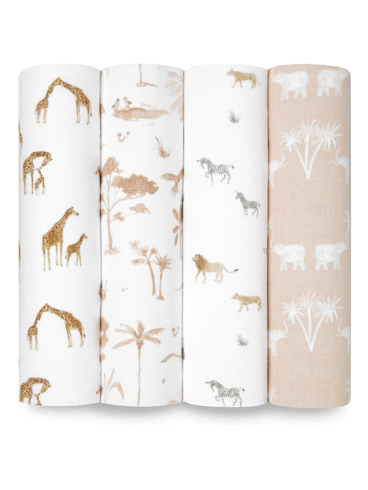 Lot de 4 couvertures d’emmaillotage bébé – Motifs Safari