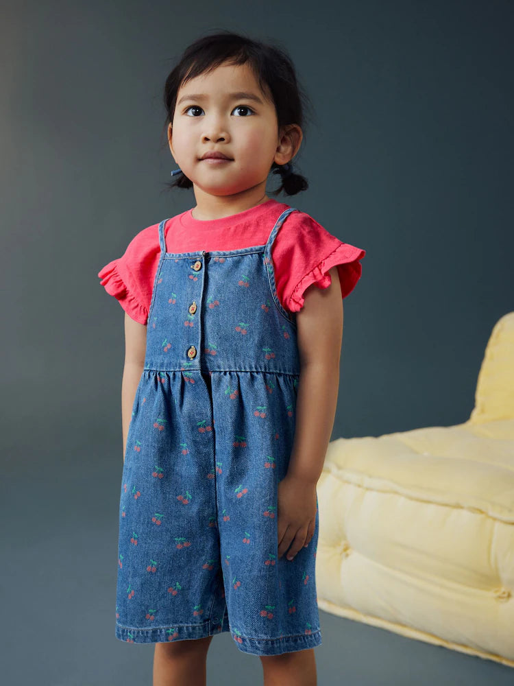 Ensemble enfant t-shirt rose et salopette short en denim (3 mois-7 ans)