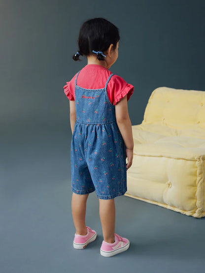 Ensemble enfant t-shirt rose et salopette short en denim (3 mois-7 ans)
