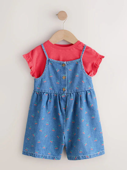Ensemble enfant t-shirt rose et salopette short en denim (3 mois-7 ans)