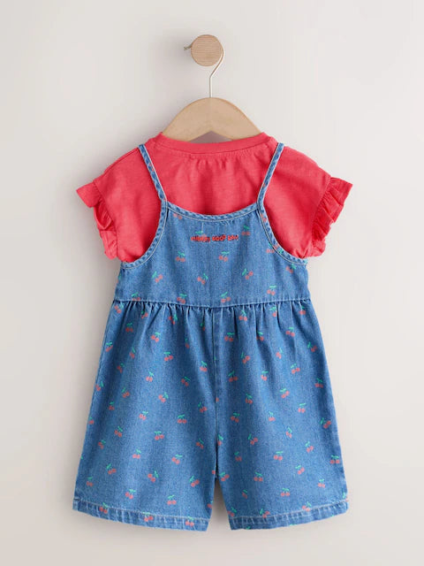 Ensemble enfant t-shirt rose et salopette short en denim (3 mois-7 ans)
