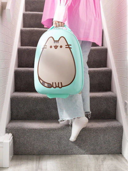 Valise cabine enfant à roulettes motif chat kawaii vert menthe