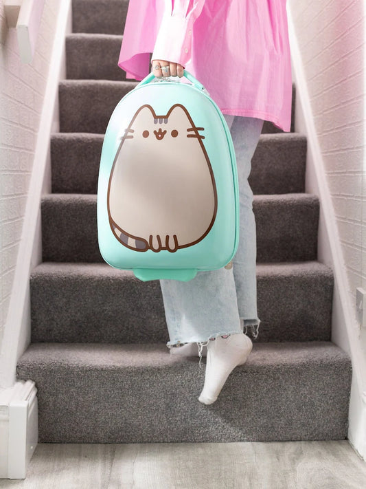 Valise cabine enfant à roulettes motif chat kawaii vert menthe