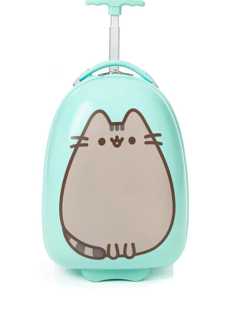 Valise cabine enfant à roulettes motif chat kawaii vert menthe