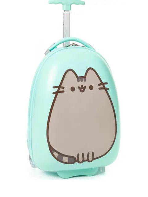 Valise cabine enfant à roulettes motif chat kawaii vert menthe