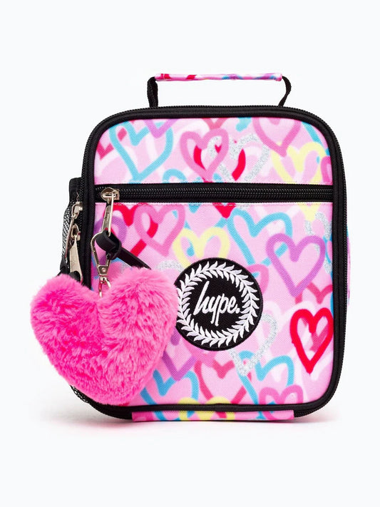 Boîte à lunch rose fluo avec un motif de cœurs pailletés.