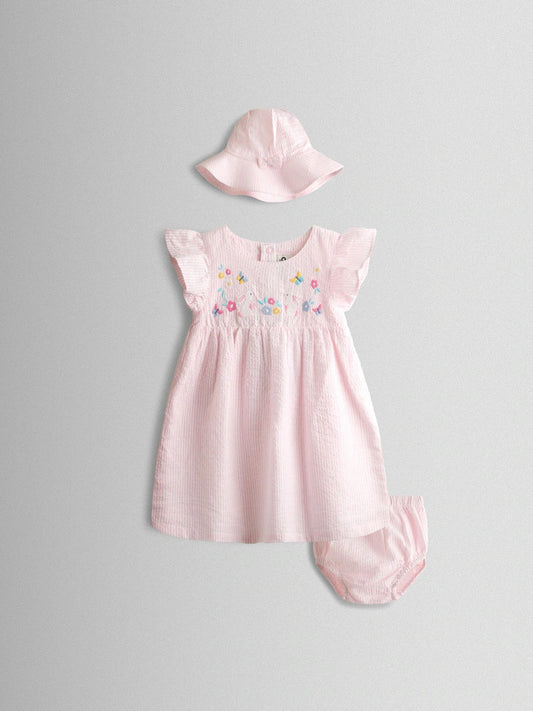 Ensemble bébé robe rose, culotte et chapeau assortis