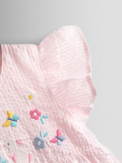 Ensemble bébé robe rose, culotte et chapeau assortis