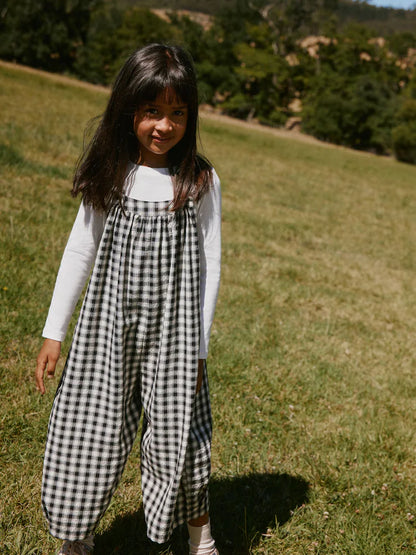 Combinaison enfant à carreaux noir et blanc style ample (3-16 ans)