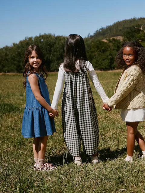 Combinaison enfant à carreaux noir et blanc style ample (3-16 ans)