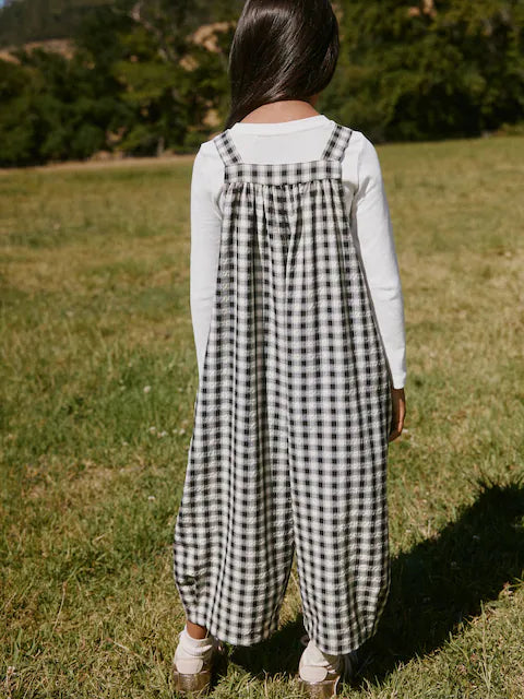Combinaison enfant à carreaux noir et blanc style ample (3-16 ans)