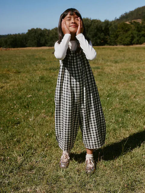 Combinaison enfant à carreaux noir et blanc style ample (3-16 ans)