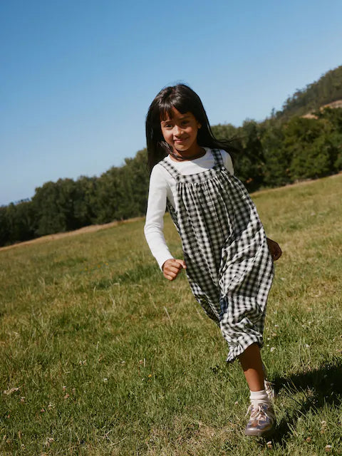 Combinaison enfant à carreaux noir et blanc style ample (3-16 ans)