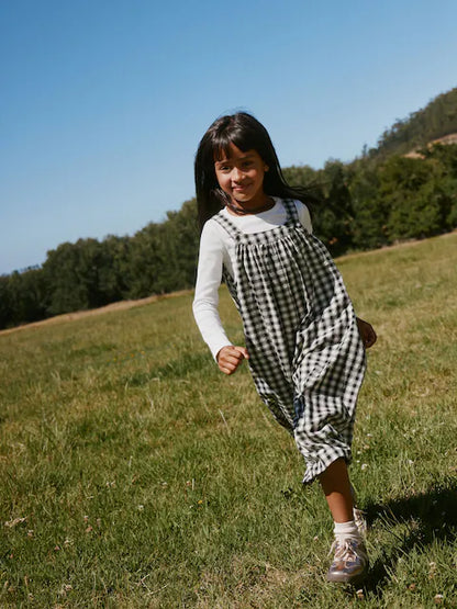 Combinaison enfant à carreaux noir et blanc style ample (3-16 ans)