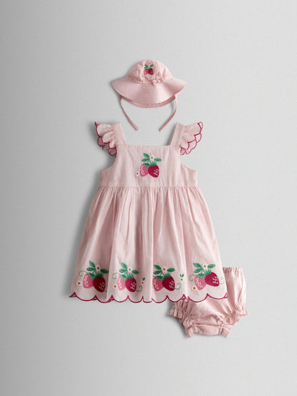 Ensemble bébé robe rose, culotte et chapeau à motif fraises