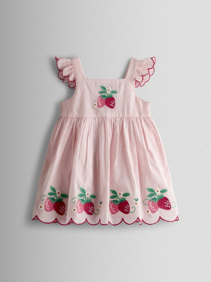Ensemble bébé robe rose, culotte et chapeau à motif fraises