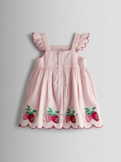 Ensemble bébé robe rose, culotte et chapeau à motif fraises