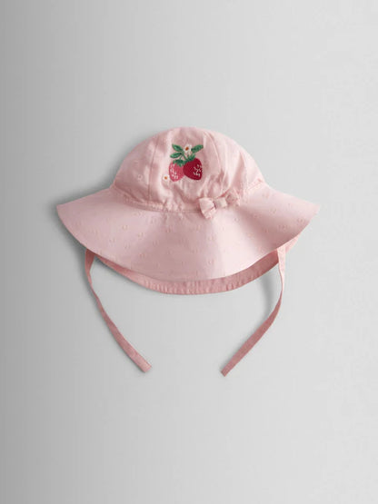 Ensemble bébé robe rose, culotte et chapeau à motif fraises