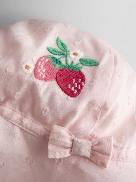 Ensemble bébé robe rose, culotte et chapeau à motif fraises