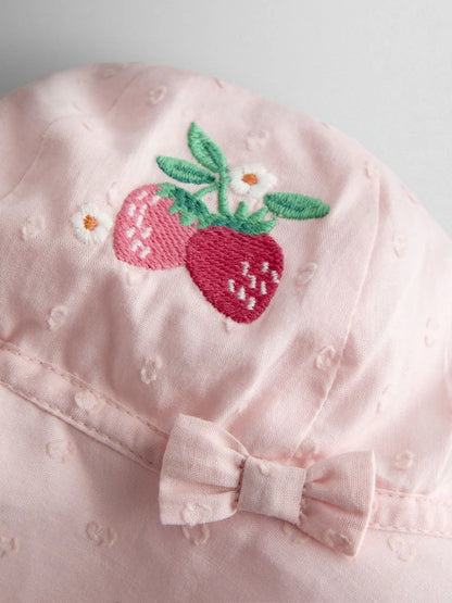Ensemble bébé robe rose, culotte et chapeau à motif fraises