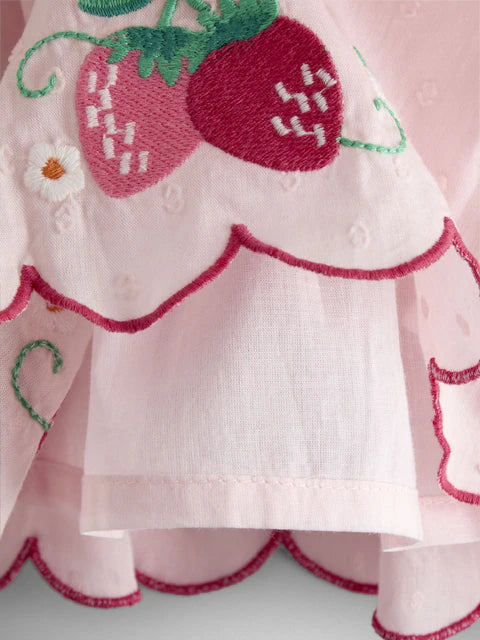 Ensemble bébé robe rose, culotte et chapeau à motif fraises
