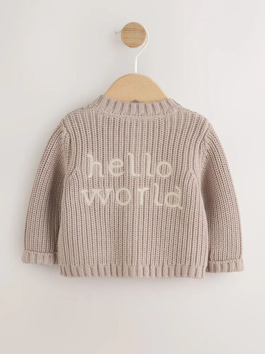 Pull bébé en maille côtelée Hello world beige