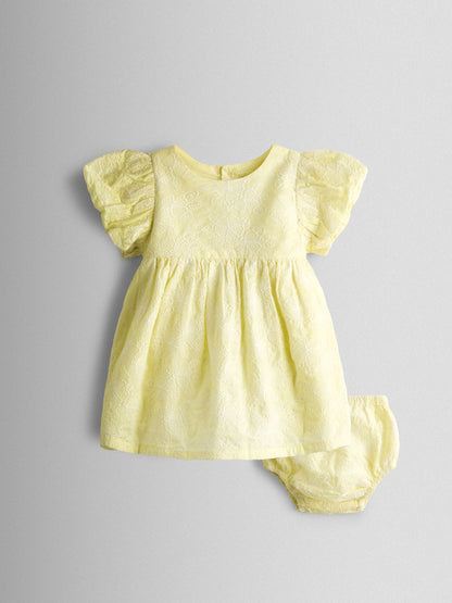Ensemble robe bébé jaune pastel avec bloomer assorti