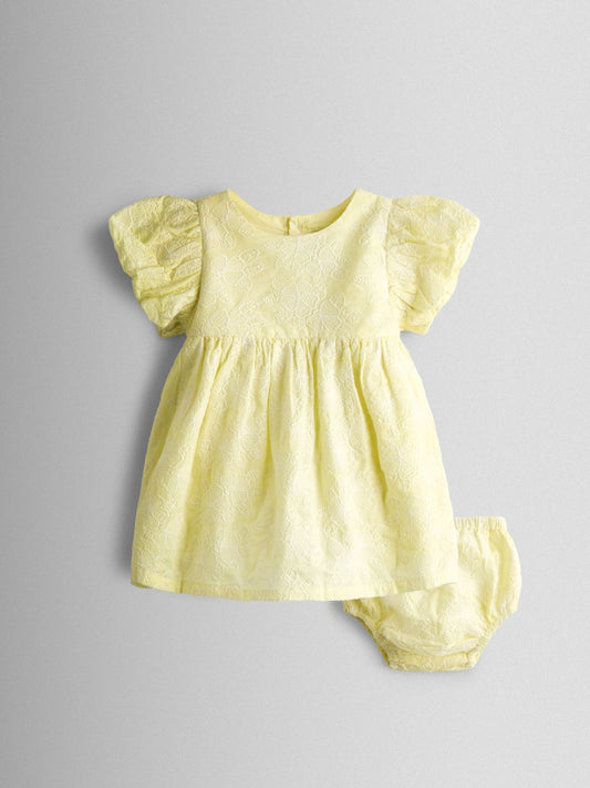 Ensemble robe bébé jaune pastel avec bloomer assorti