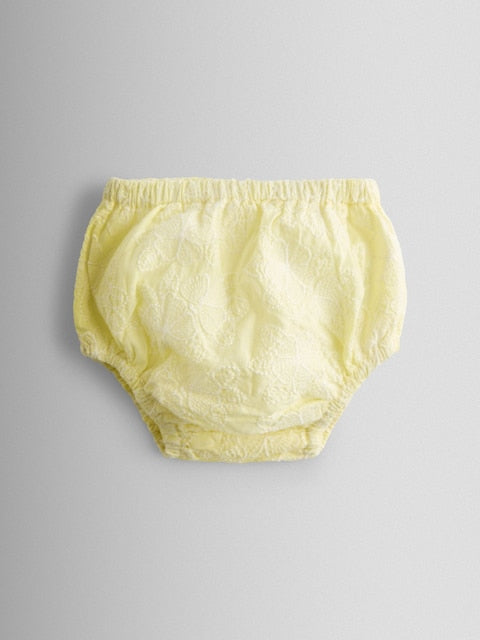 Ensemble robe bébé jaune pastel avec bloomer assorti