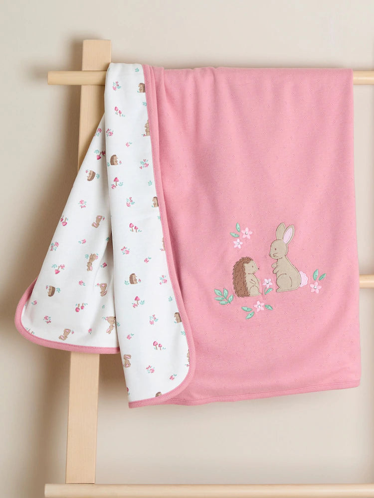 Couverture bébé réversible rose – Lapin brodé