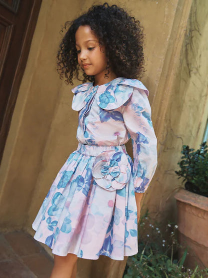 Robe fleurie bleu pastel à manches longues pour fille