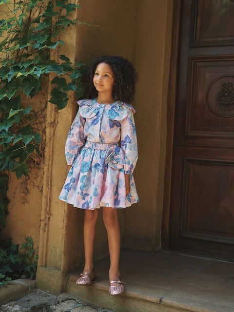 Robe fleurie bleu pastel à manches longues pour fille