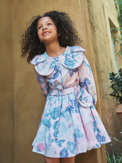 Robe fleurie bleu pastel à manches longues pour fille