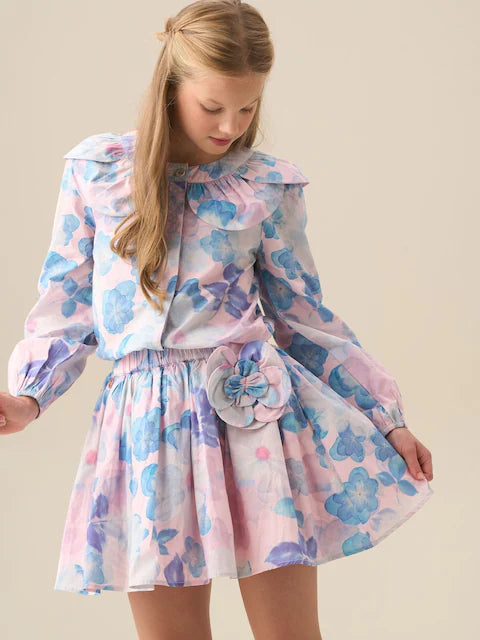 Robe fleurie bleu pastel à manches longues pour fille