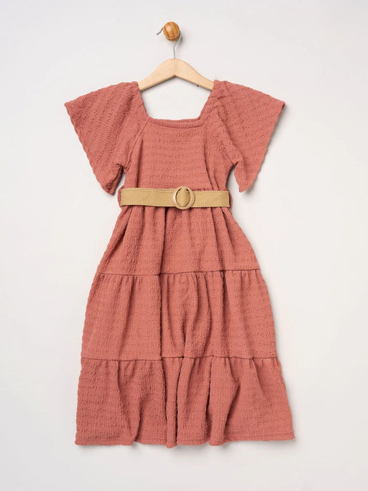 Robe fille rose terracotta avec ceinture tressée