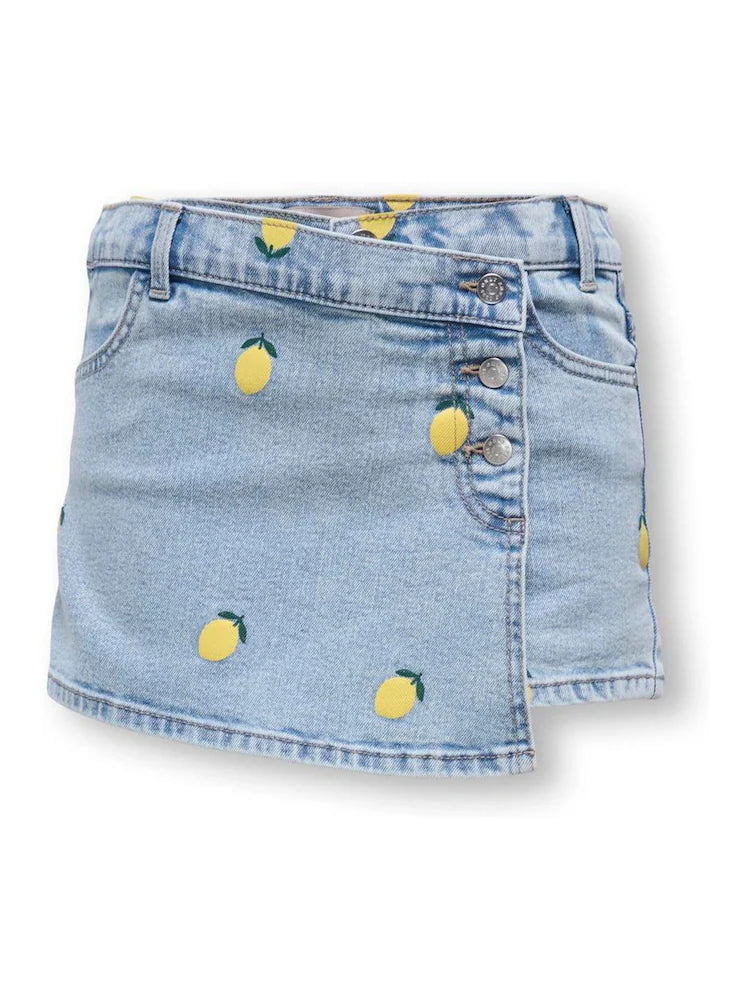 Jupe-short en jean bleu clair à motifs citrons pour fille