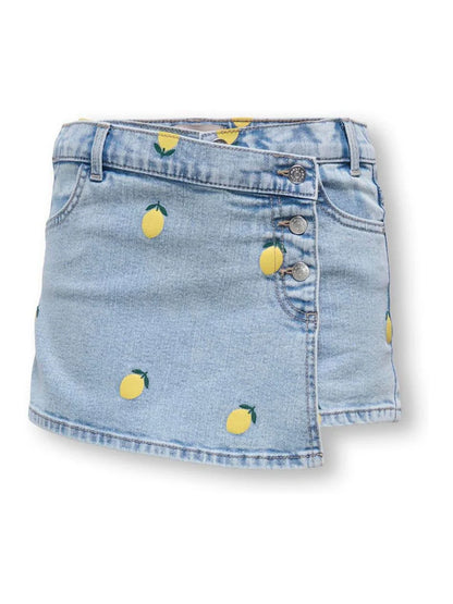 Jupe-short en jean bleu clair à motifs citrons pour fille