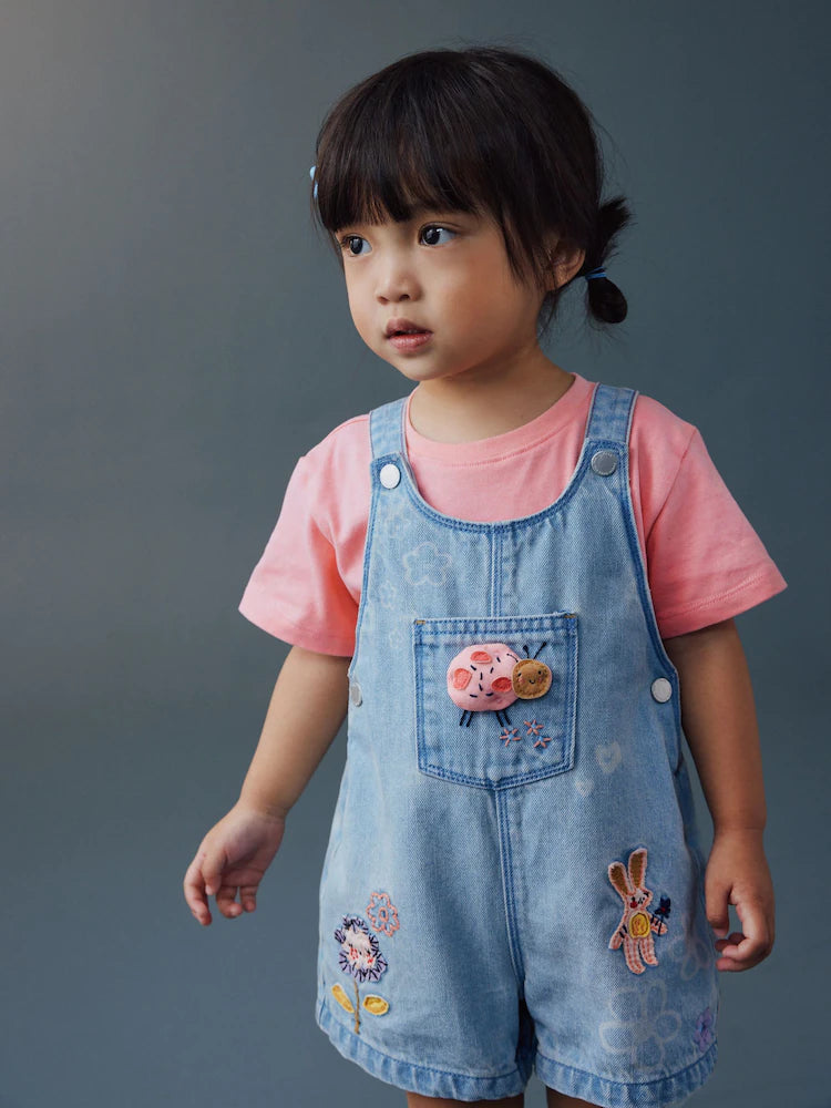 Ensemble bébé salopette en jean et t-shirt rose (3 mois-7 ans)