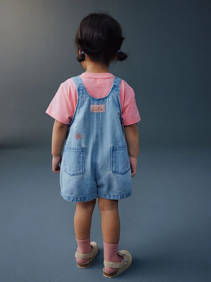 Ensemble bébé salopette en jean et t-shirt rose (3 mois-7 ans)