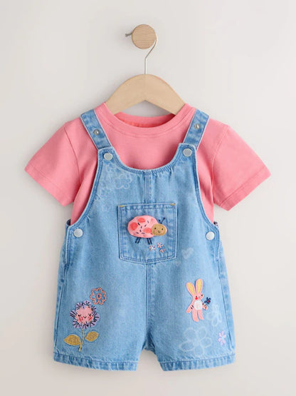 Ensemble bébé salopette en jean et t-shirt rose (3 mois-7 ans)