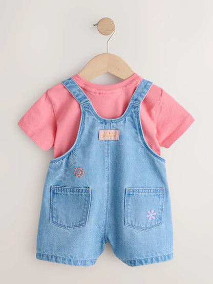 Ensemble bébé salopette en jean et t-shirt rose (3 mois-7 ans)