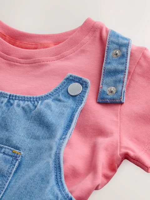 Ensemble bébé salopette en jean et t-shirt rose (3 mois-7 ans)