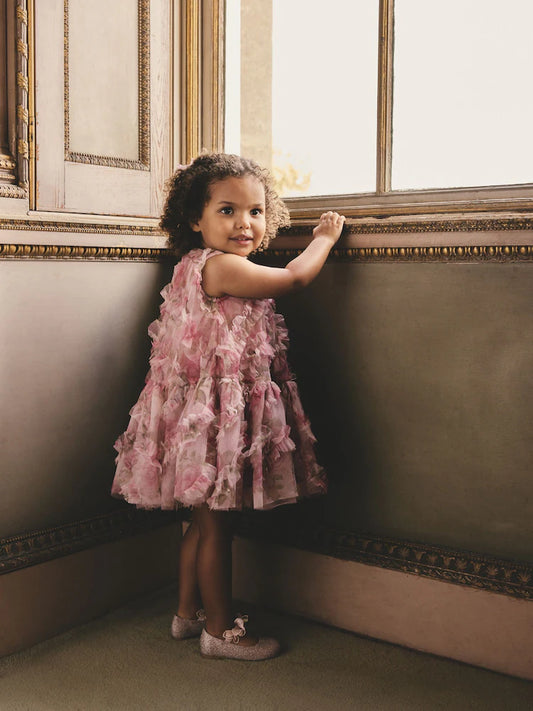 Robe de cérémonie rose à pétales floraux pour bébé fille (3 mois - 7 ans)