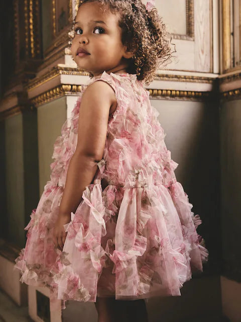 Robe de cérémonie rose à pétales floraux pour bébé fille (3 mois - 7 ans)