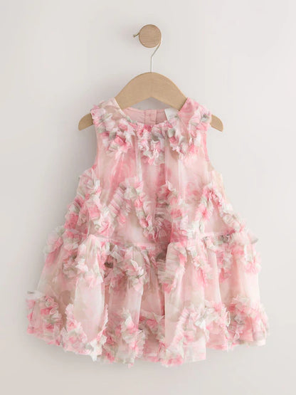 Robe de cérémonie rose à pétales floraux pour bébé fille (3 mois - 7 ans)